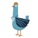 Ein blauer Vogel mit einer Auszeichnung um den Hals für erreichen des ersten Platzes. Der blick ist starr und leer und führt am Betrachter vorbei.